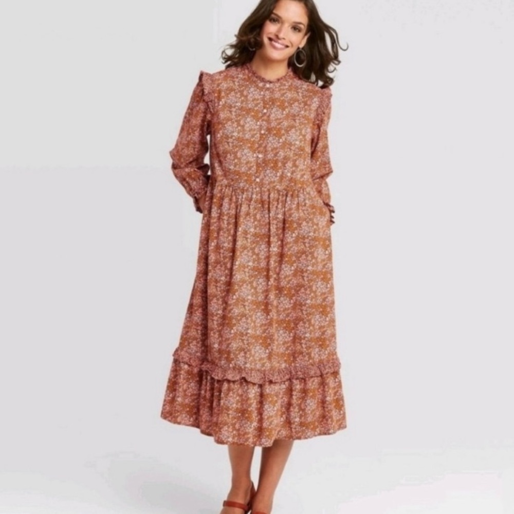 NWT Universal Thread brown floral prairie midi dress…